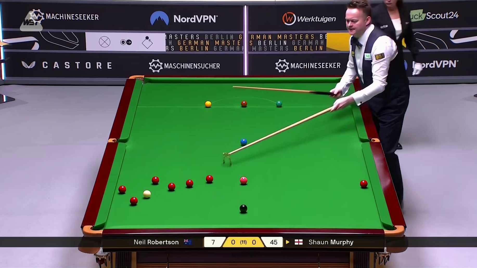 正播斯诺克德国大师赛，半决赛，墨菲VS罗伯逊第一局完结！
