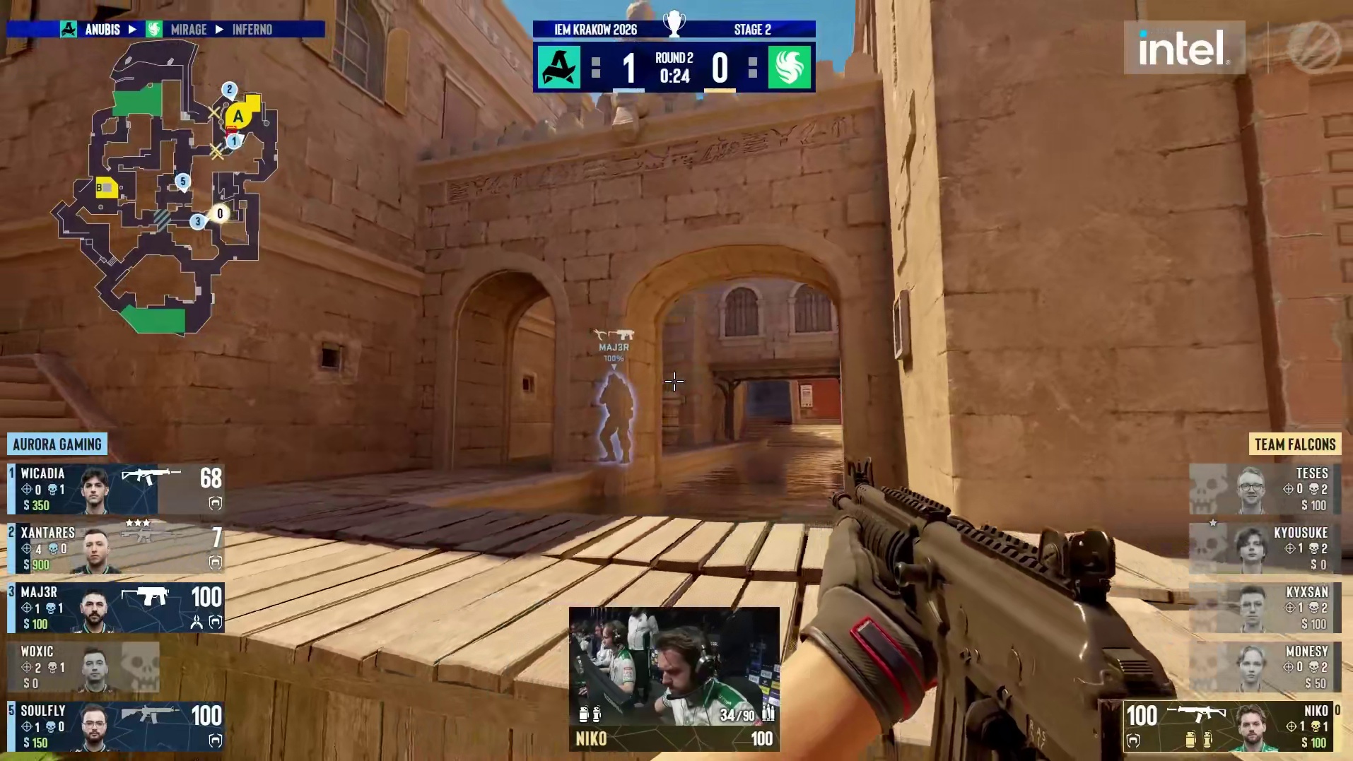 第二回合，Falcons选择强起迎战Aurora，XANTARES铁血防守三杀率队制胜