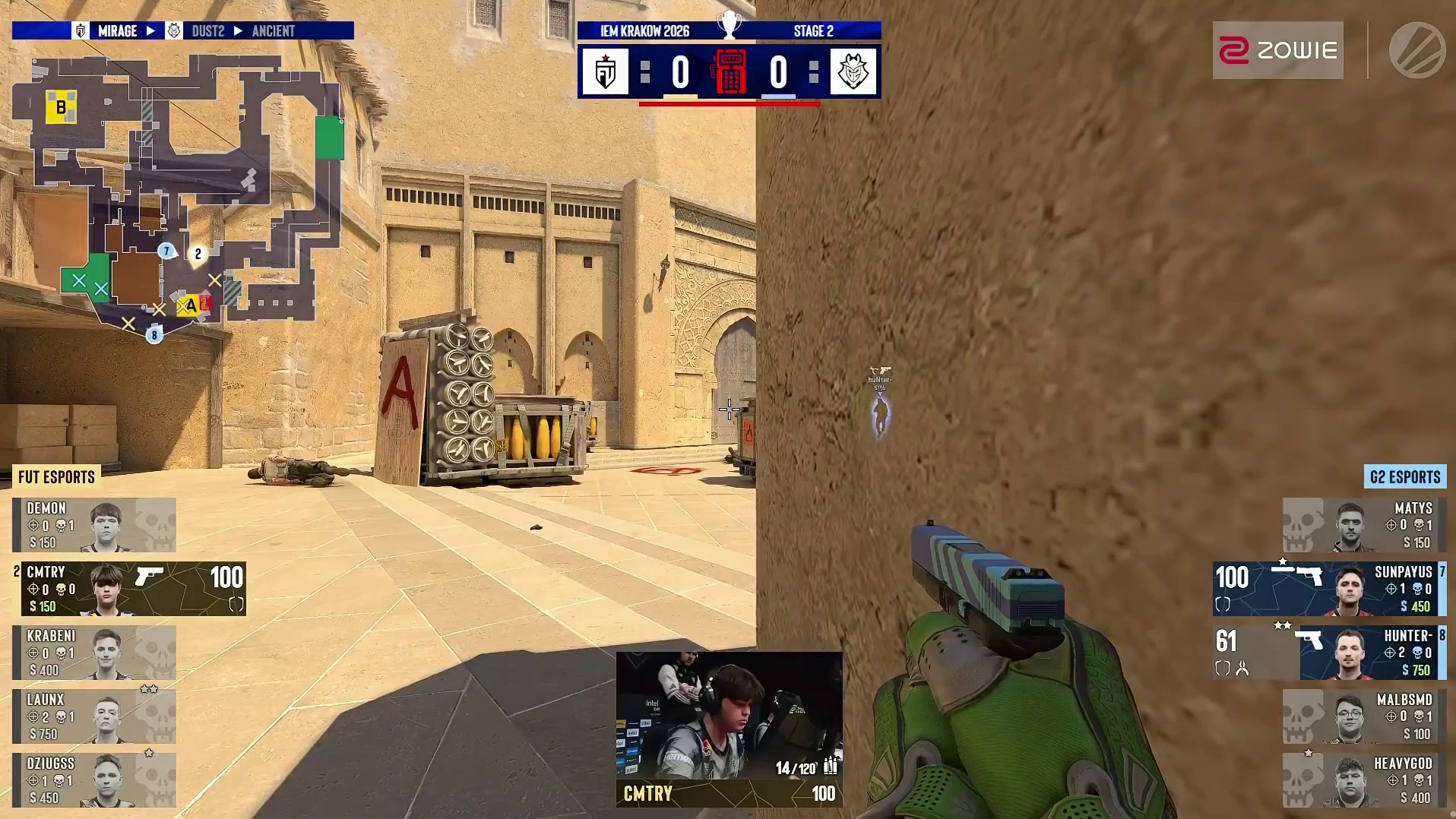 上半场手枪局，G2全歼对方并拆除C4取得回合胜利，G2 1:0 FUT