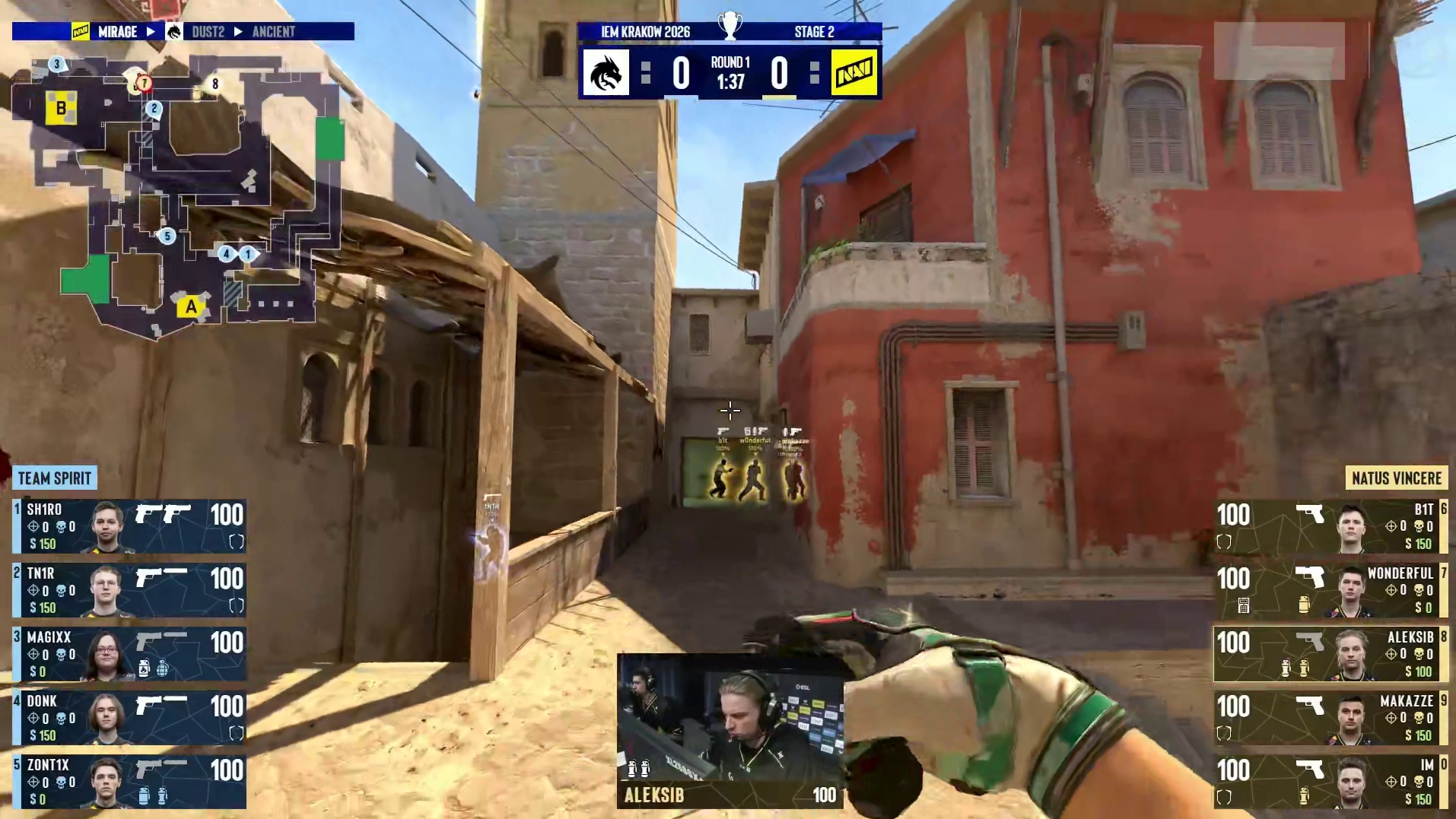 上半场手枪局，NAVI全歼对方取得回合胜利，NAVI 1:0 Spirit