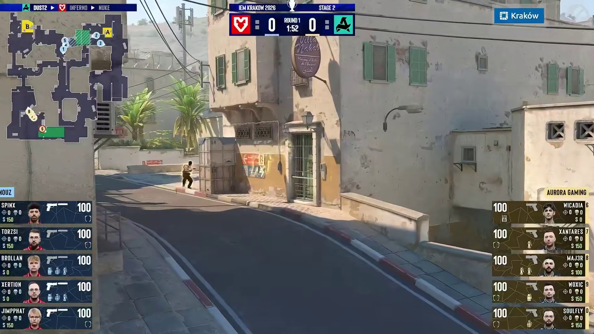 图一 Dust2，MOUZ作为防守方、Aurora作为进攻方