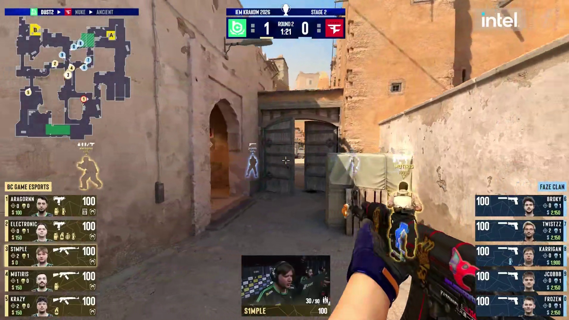 第二回合，FaZe选择纯ECO迎战BC.G，s1mple + MUTiRiS中路双人五杀轻取胜局