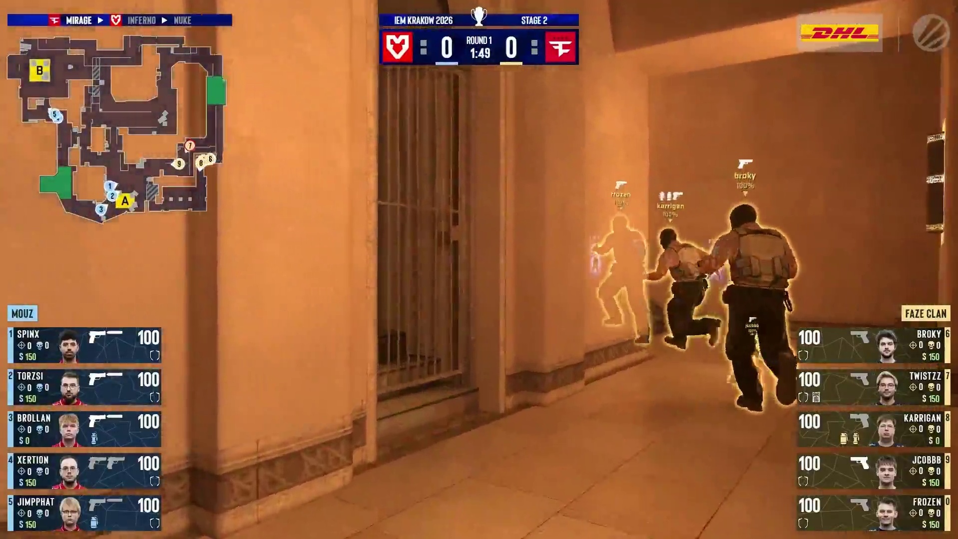 图一 Mirage， MOUZ作为防守方、 FaZe作为进攻方