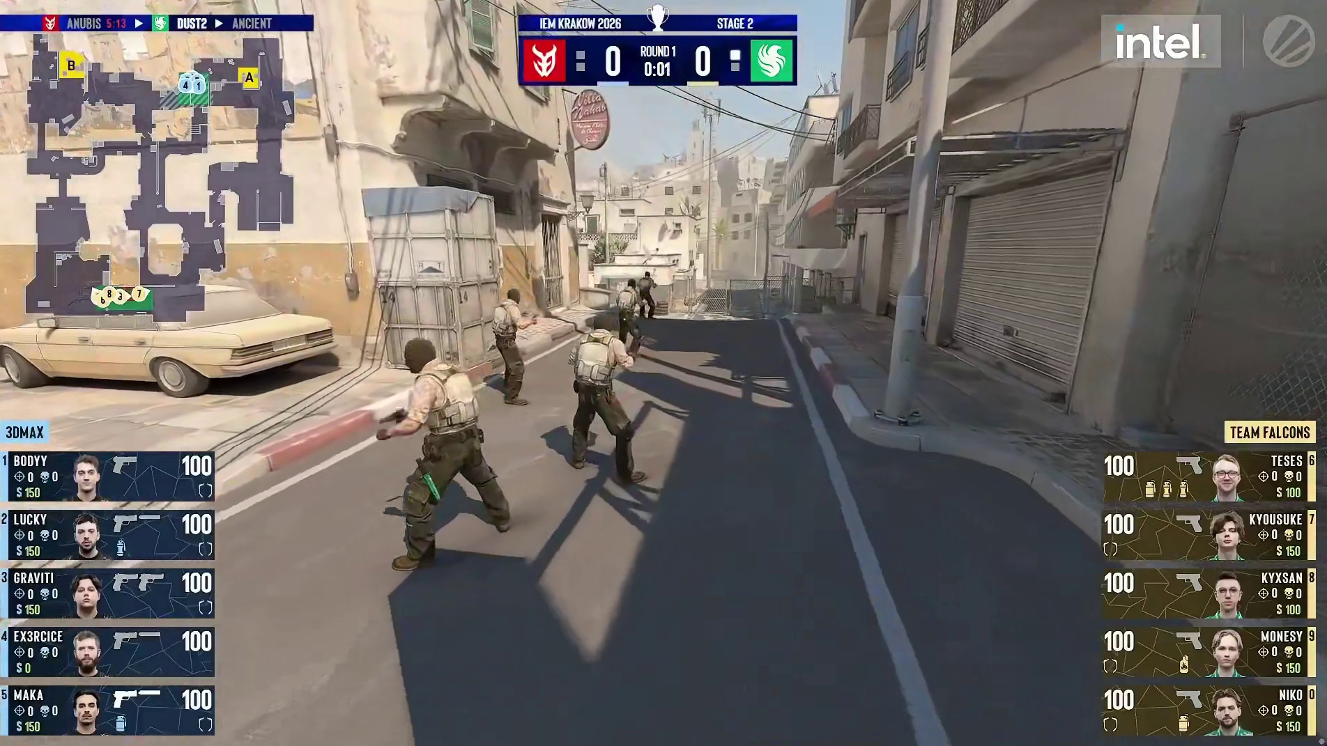 图二 Dust2，3DMAX作为防守方、Falcons作为进攻方