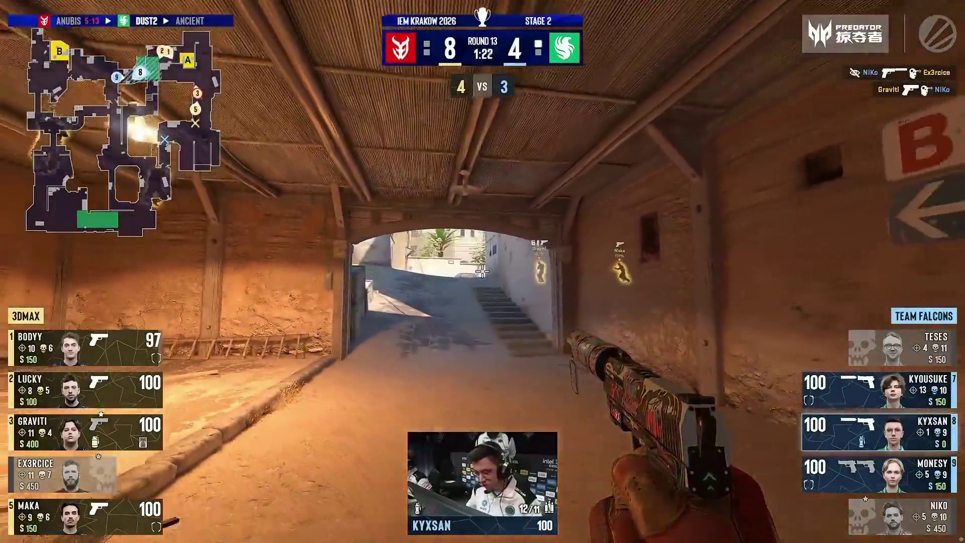 下半场手枪局，Falcons全歼对方并拆除C4取得回合胜利，Falcons 5:8 3DMAX