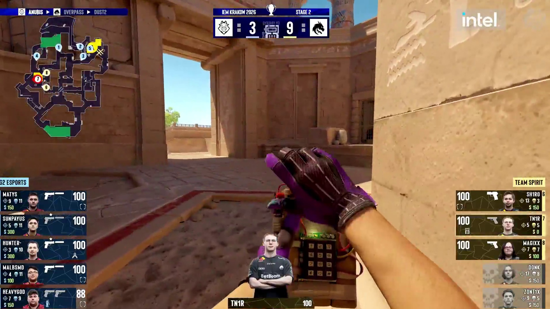 下半场手枪局，G2全歼对方并拆除C4取得回合胜利，G2 4:9 Spirit