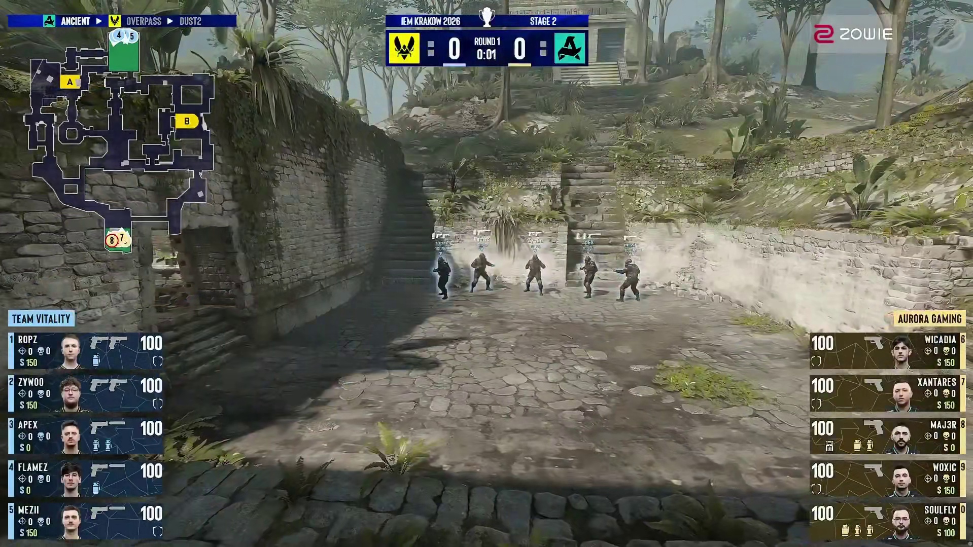 图一 Ancient，Vitality作为防守方、Aurora作为进攻方