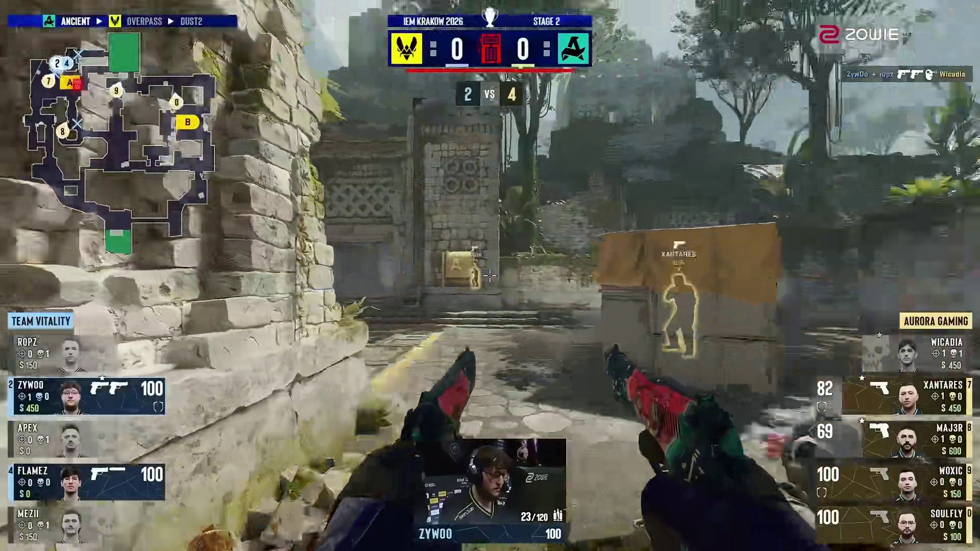 上半场手枪局，Aurora全歼对方取得回合胜利，Aurora 1:0 Vitality