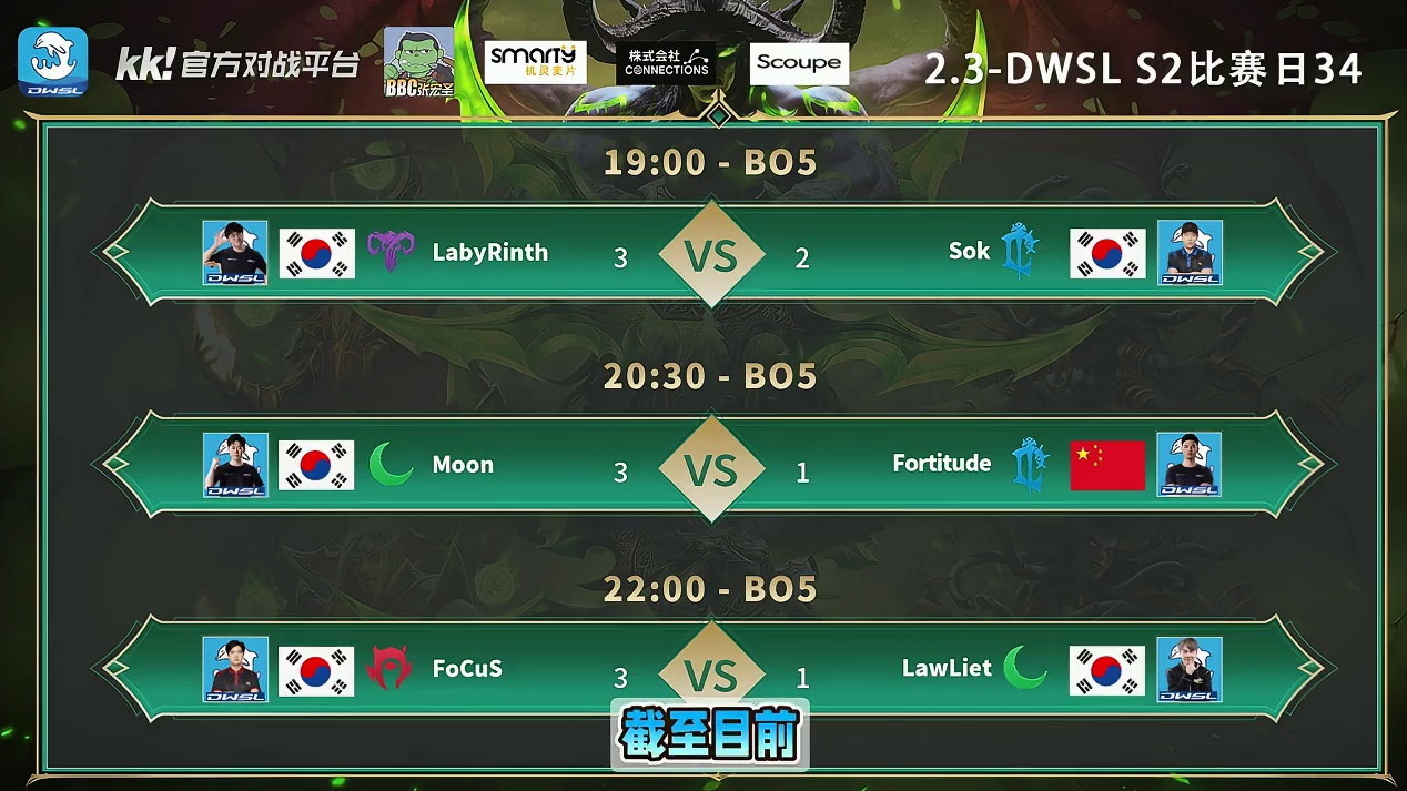 Laby胜Sok，Moon胜浪漫，FoCuS胜Lawliet 2月3日DWSL魔兽争霸超级联赛S2第