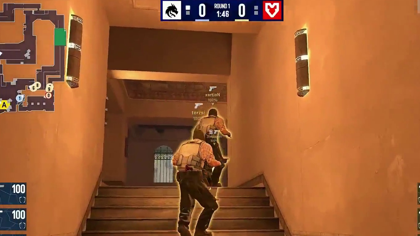 图二 Mirage，Spirit作为防守方、MOUZ作为进攻方