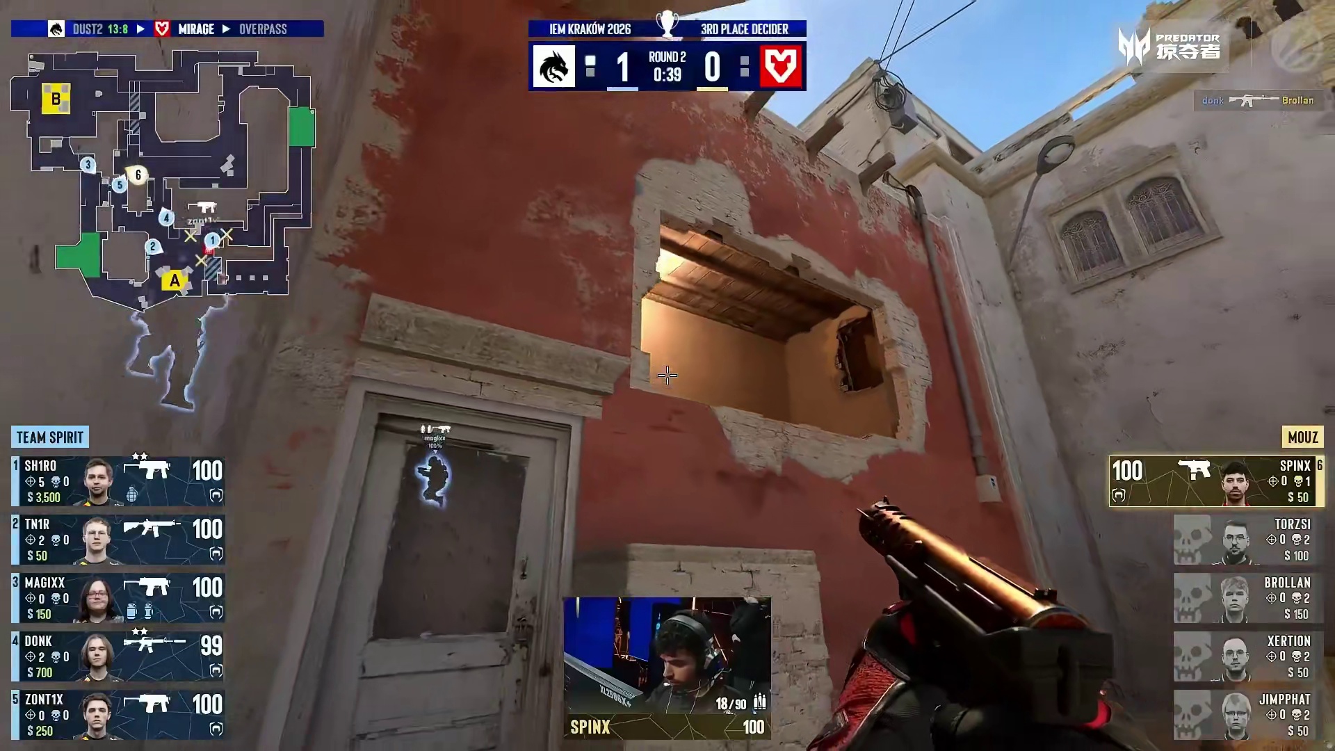 第二回合，MOUZ选择强起迎战Spirit，Spirit枪械优势完胜到手