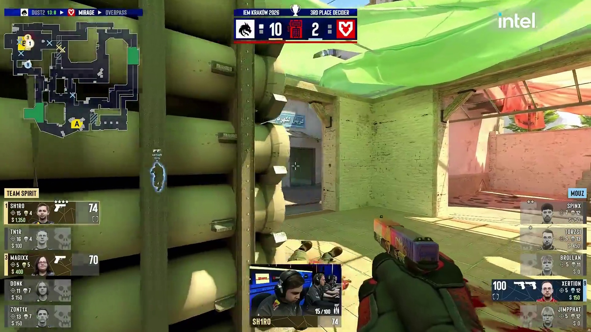 下半场手枪局，Spirit全歼对方取得回合胜利，Spirit 11:2 MOUZ