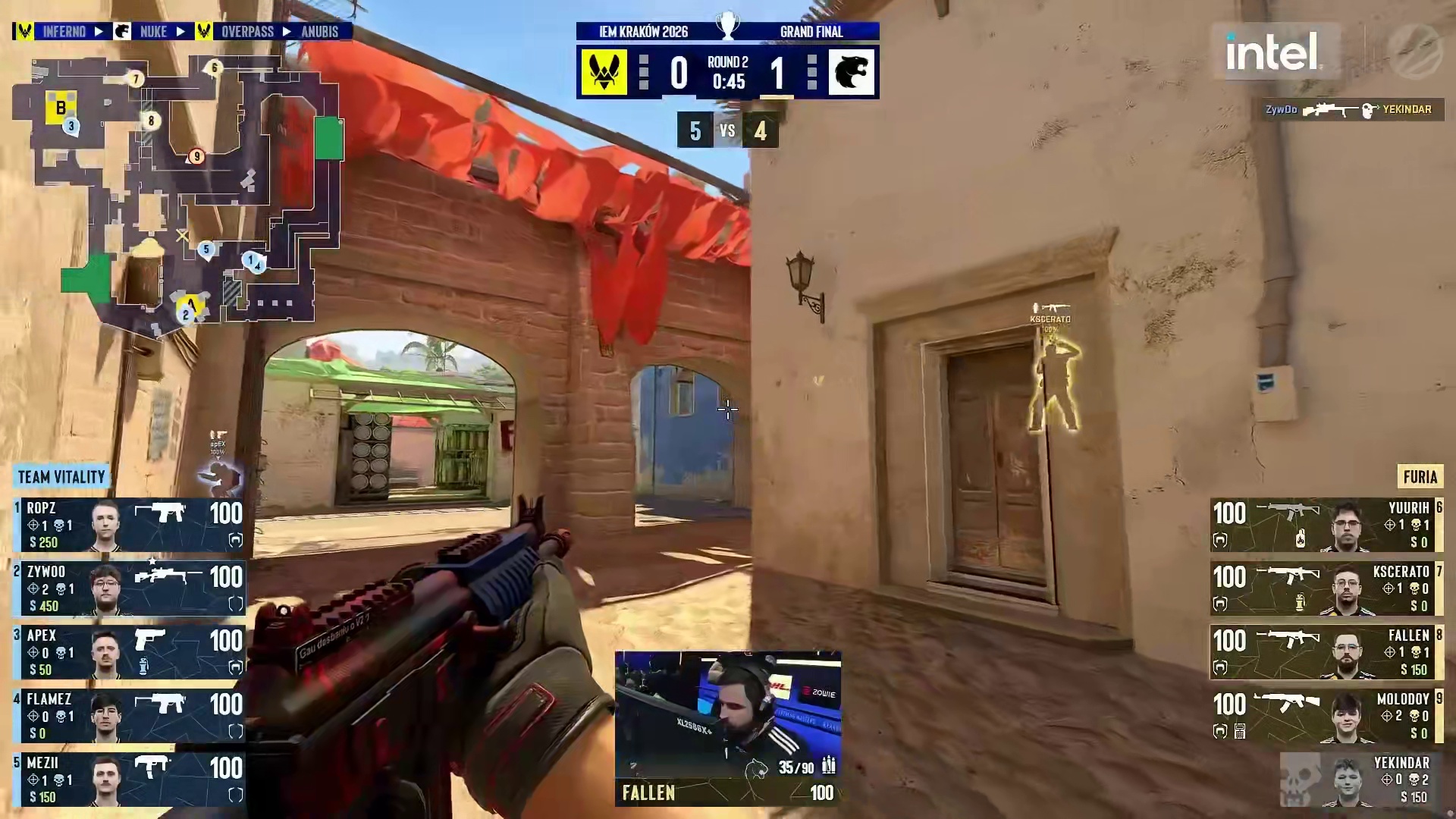 第二回合，Vitality选择强起迎战FURIA，ZywOo鸟狙爆头开局+apEX FN57爆头三杀扳平比分