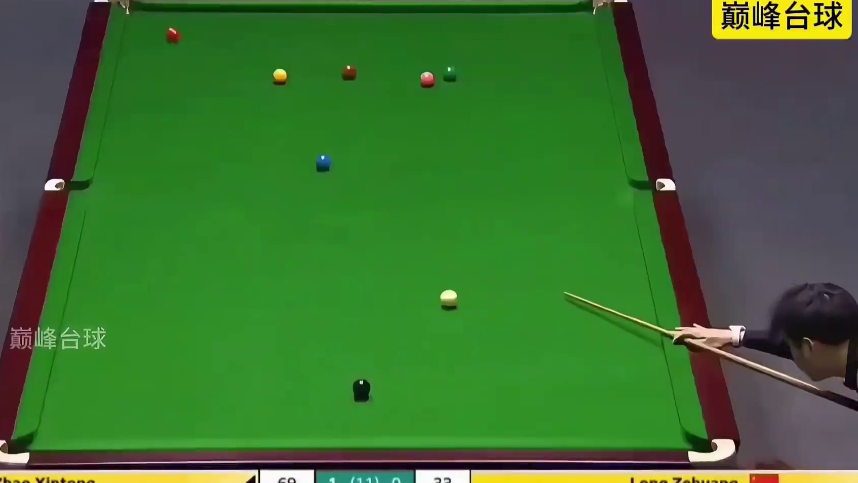 英锦赛16分之一决赛中，赵心童打出四连鞭领先龙泽煌进入中场休息！晋级形势大好！