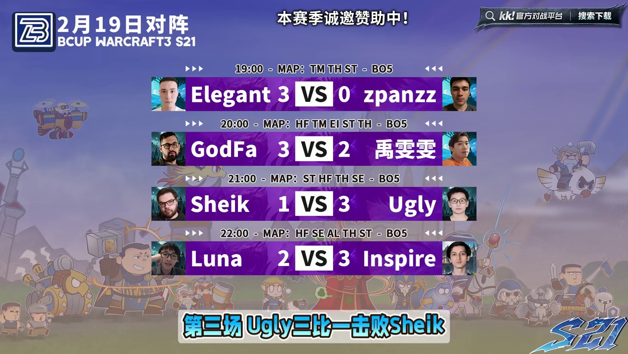 虎王，GodFather，Ugly，Inspired晋级正赛 2月19日Bcup第21赛季海选第1天