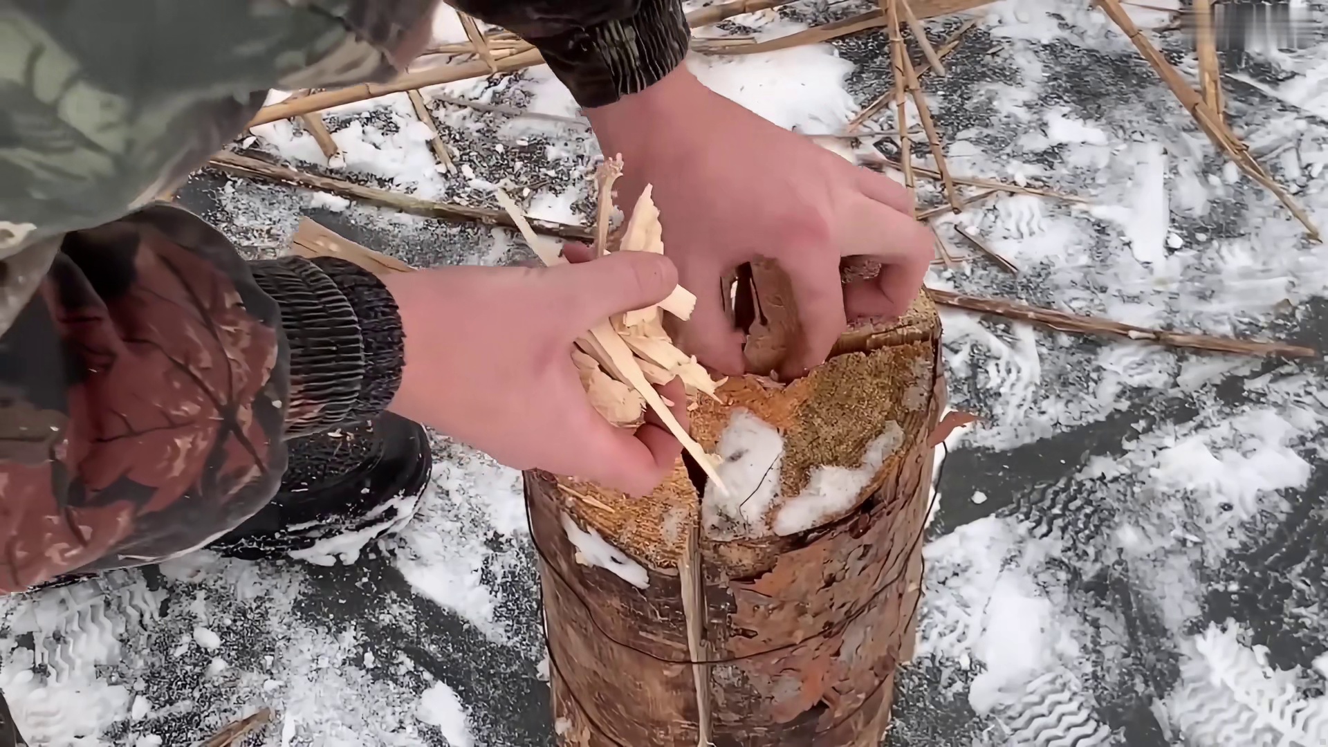 荒野建造 这次搭建过程中，冒着暴雪，在河面的冰面上用芦苇搭建了一个庇护所 (2)