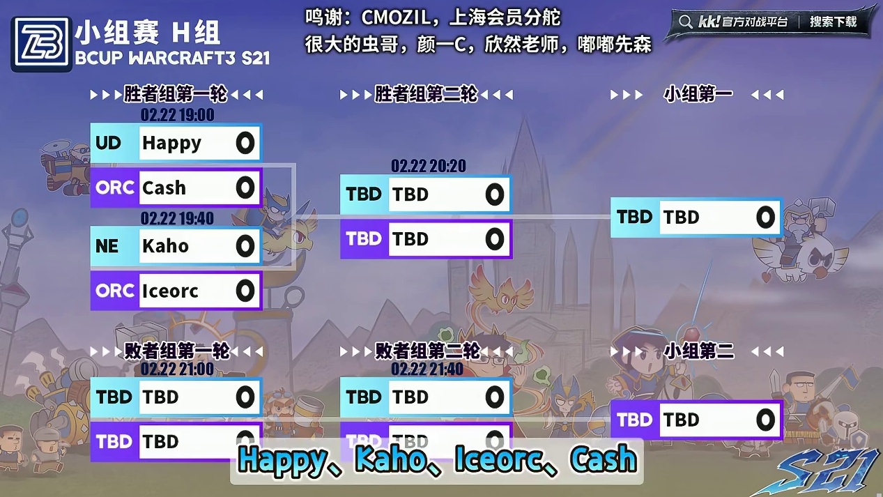 Happy，Kaho，冰兽，Cash登场角斗士杯！ 2月22日19点直播Bcup第21赛季H组小组