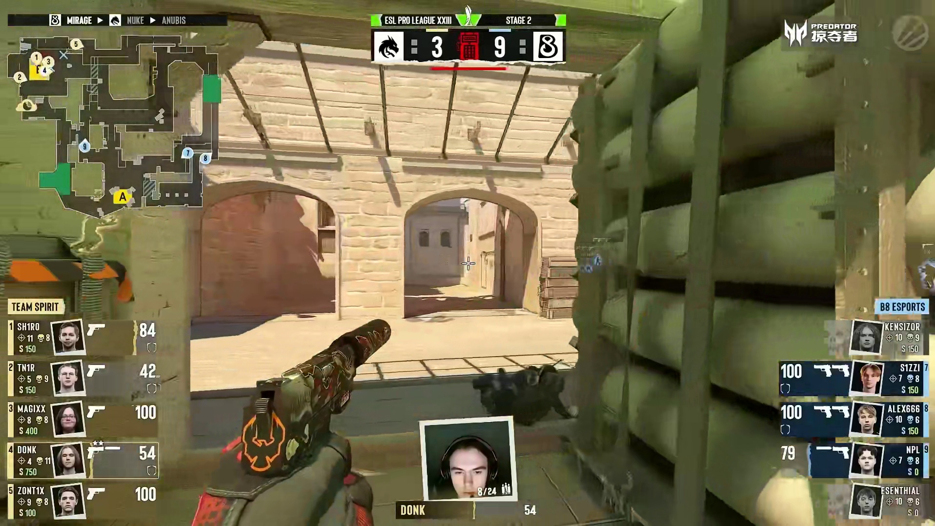 下半场手枪局，Spirit安装C4取得回合胜利，Spirit 4:9 B8