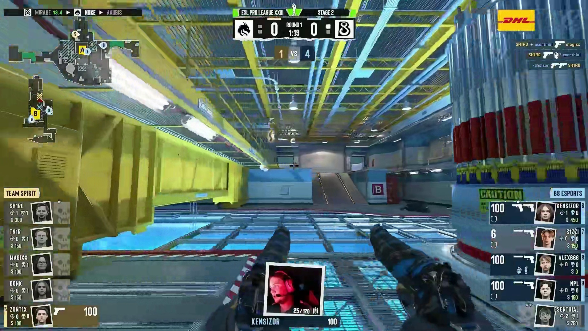 上半场手枪局，B8全歼对方取得回合胜利，B8 1:0 Spirit