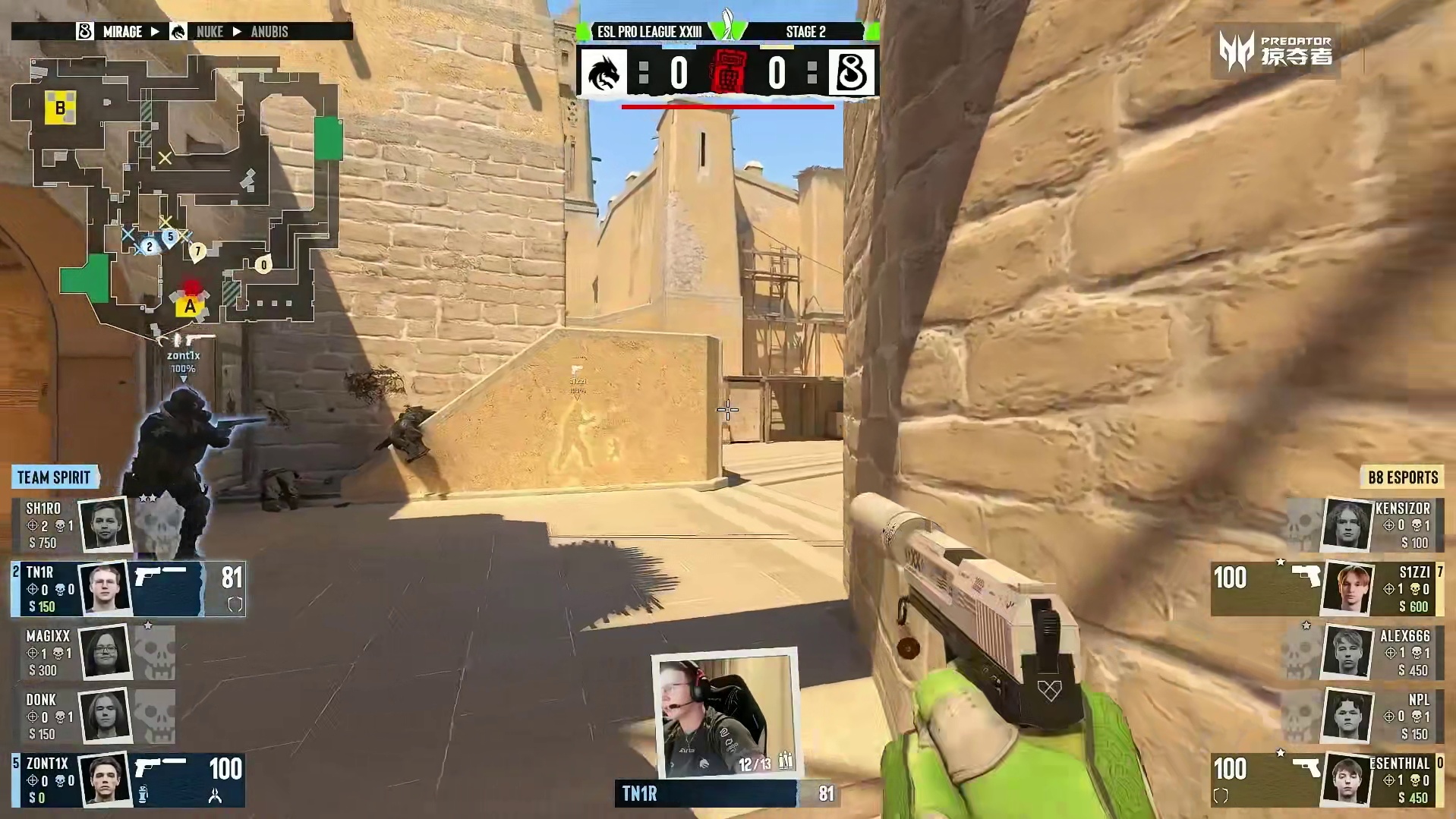 上半场手枪局，B8安装C4取得回合胜利，B8 1:0 Spirit