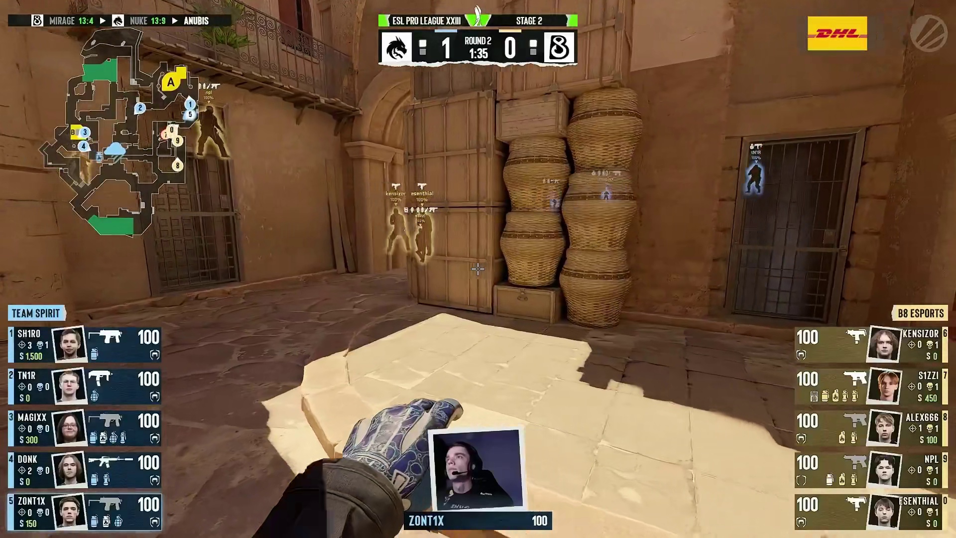 第二回合，B8选择强起迎战Spirit，zont1x火力全开三杀率队取胜