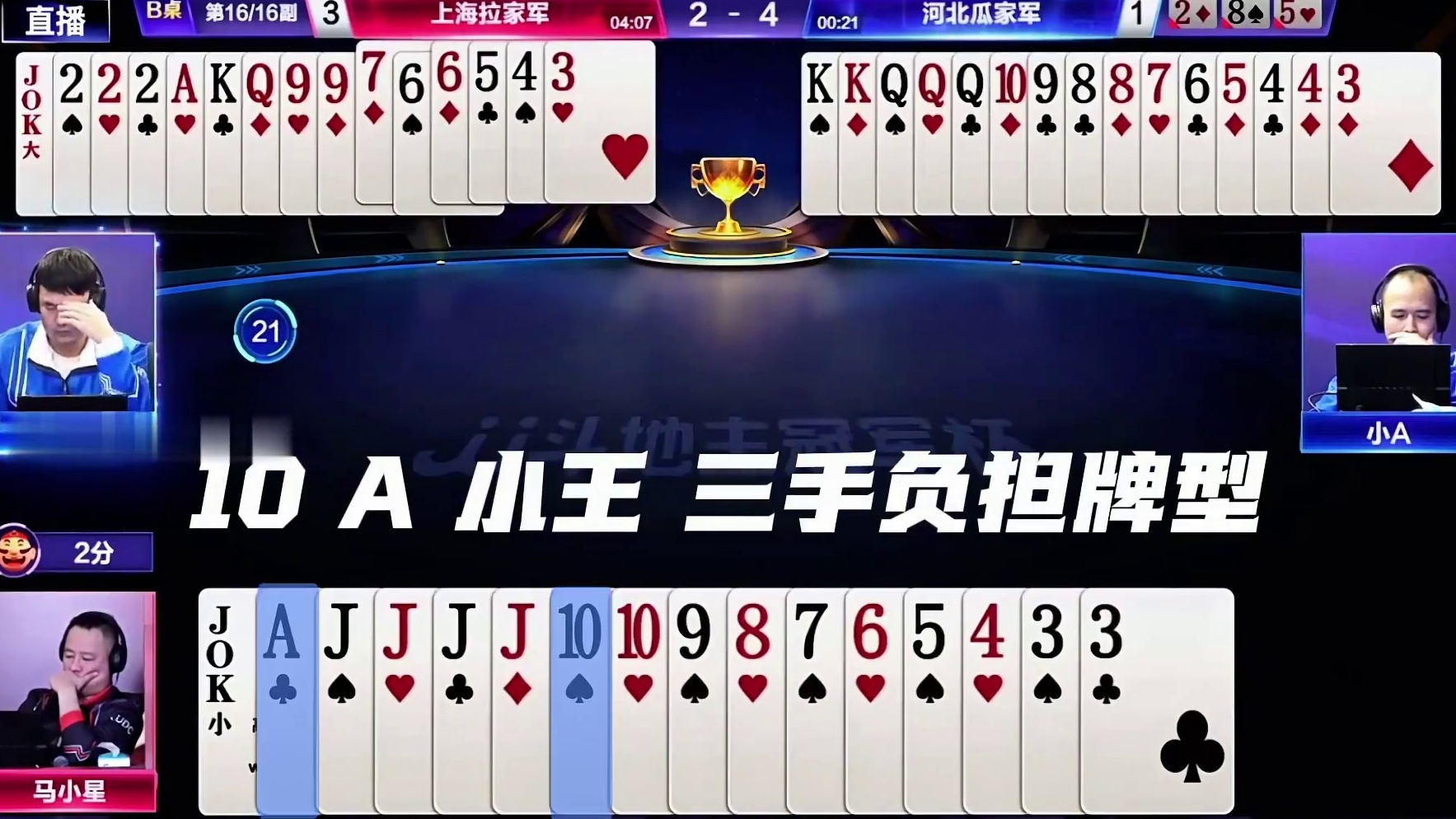 海选第一场淘汰赛就上演最后一副牌逆转绝杀！ 绝杀前2:4的比分，比赛双方真不简单！值得一提的是，第一