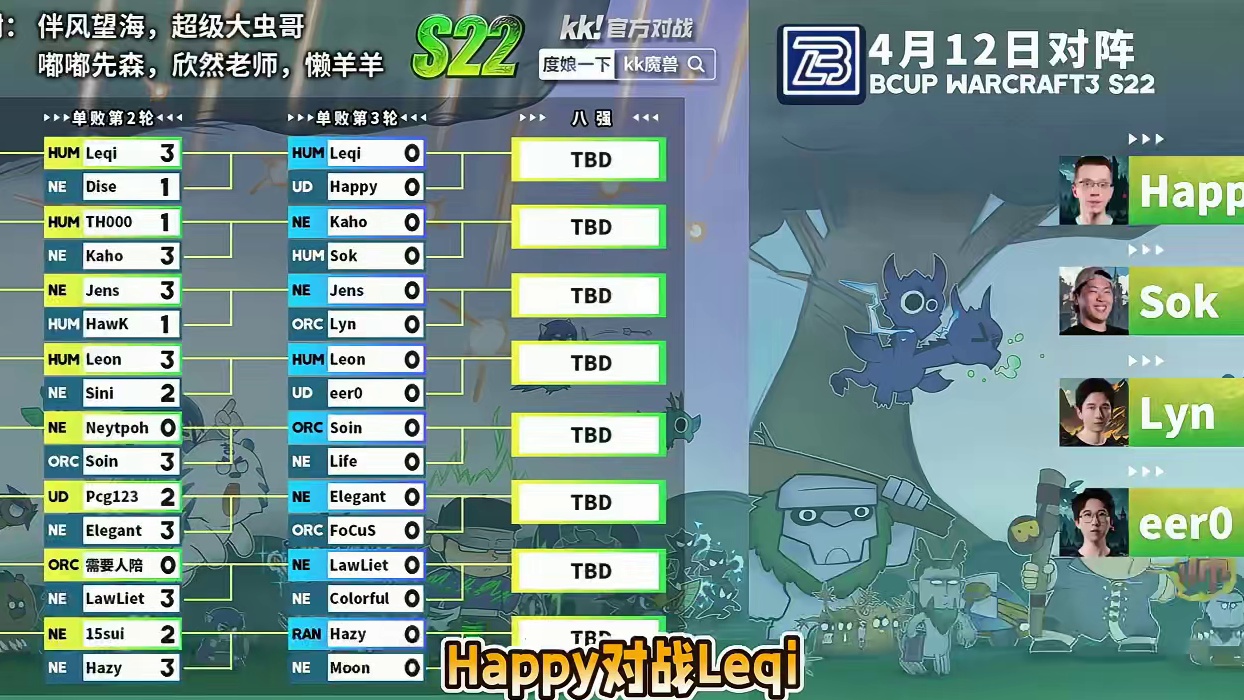Happy，Sok，Lyn，eer0登场！ 4月12日19点直播Bcup魔兽争霸赛第22赛季单淘第5