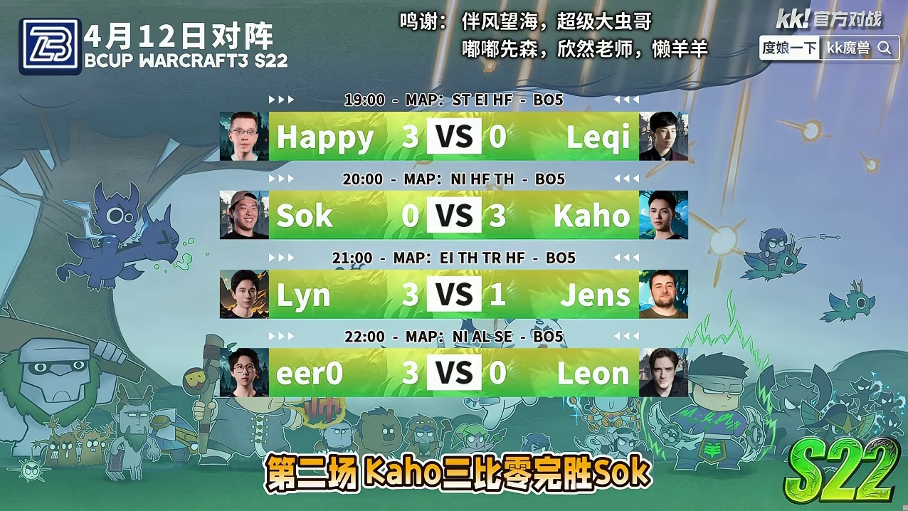 Happy，Kaho，Lyn，eer0晋级8强！ 4月12日Bcup魔兽争霸赛第22赛季16进8战报