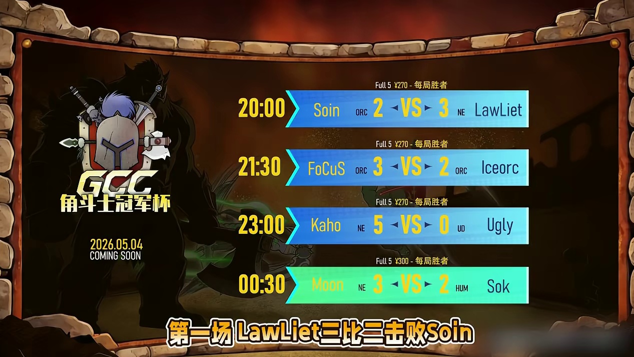 Lawliet，FoCuS，Kaho晋级第2轮！ 5月4日角斗士冠军杯GCC第2赛季第1天，BM解说