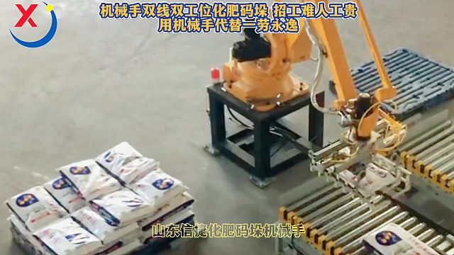 化肥码垛机械手双线双工位搬运码垛生产车间