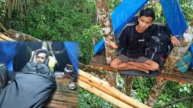 为了躲避猛兽的偷袭，小伙将庇护所搭建在半空中，结果遭遇雷暴雨
