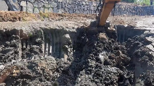 大小挖机合作，清理池塘泥巴