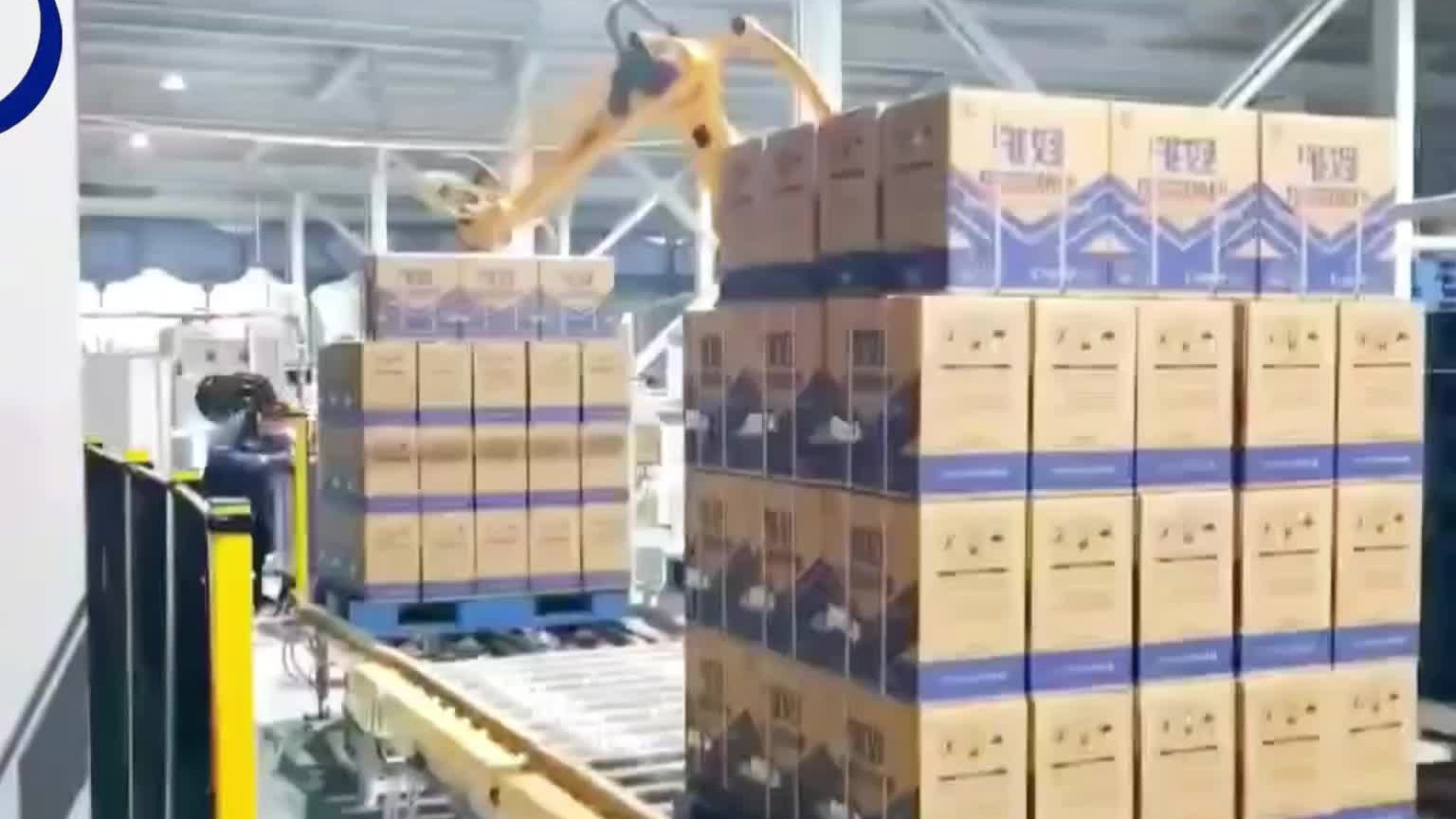 码垛机器人日用品箱子电池箱子码垛，一次可抓1-4箱，抓手可调