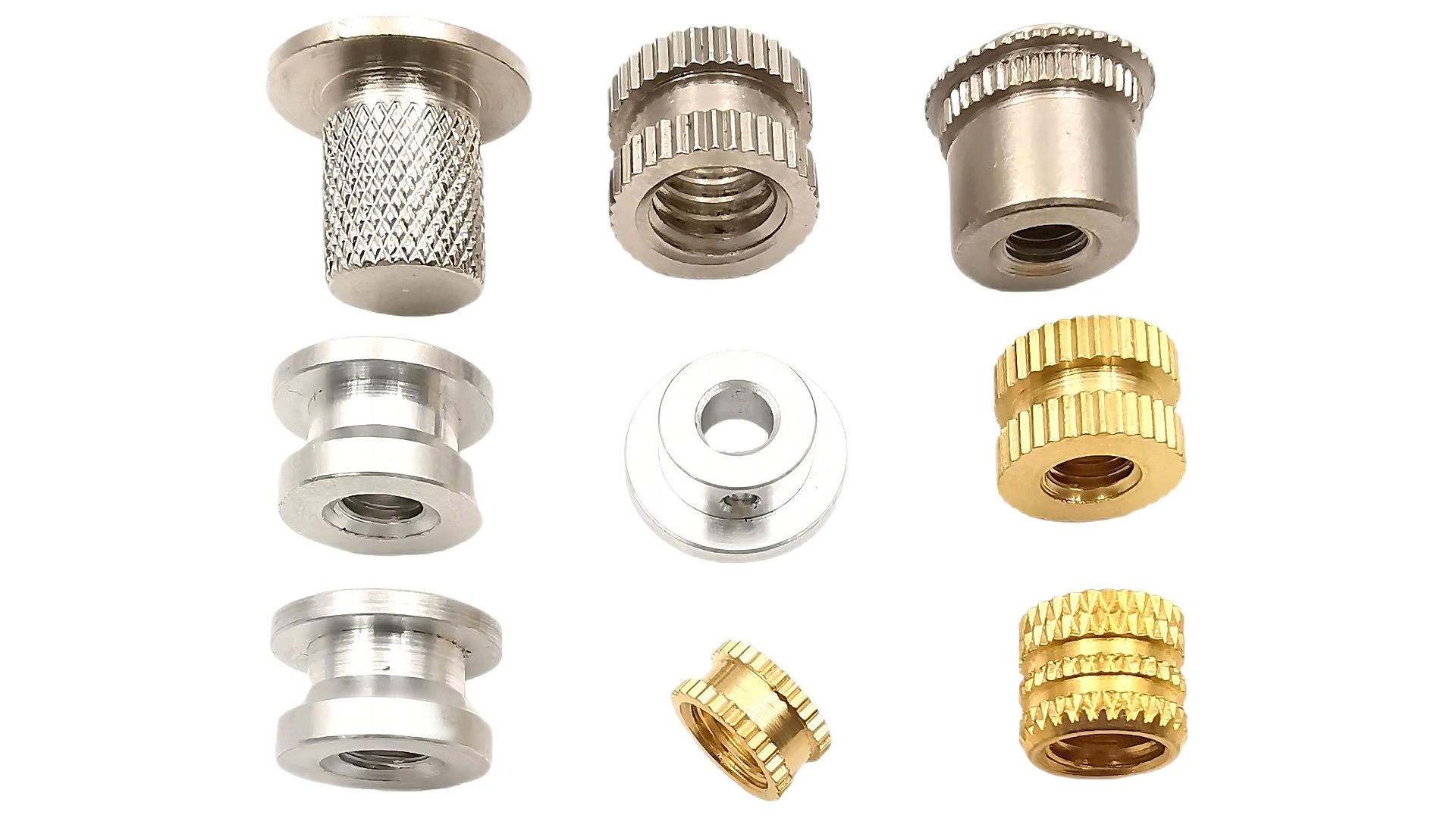 高精密滚花注塑嵌件螺母，公差±0.01mm，钝化处理。