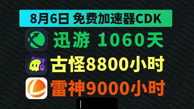 8月6日迅游加速器免费1060天兑换码！古怪8800小时兑换码！人手一份！ 先到先得！