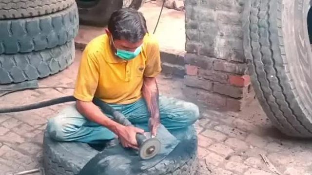 巴铁师傅修补破损的卡车轮胎全过程，修复完成竟然看不出修复的痕迹