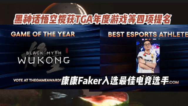 黑神话悟空揽获TGA年度最佳等四项提名，康康Faker入选最佳电竞选手