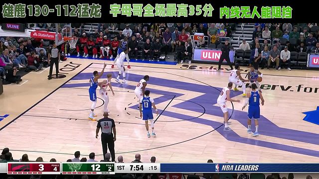 雄鹿130-112猛龙，字母哥全场最高35分，内线无人能阻挡