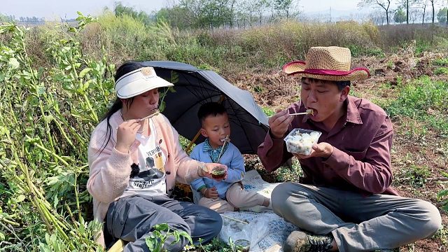 一家三口下地干活，自耕自种与世无争，看看她们中午吃的啥