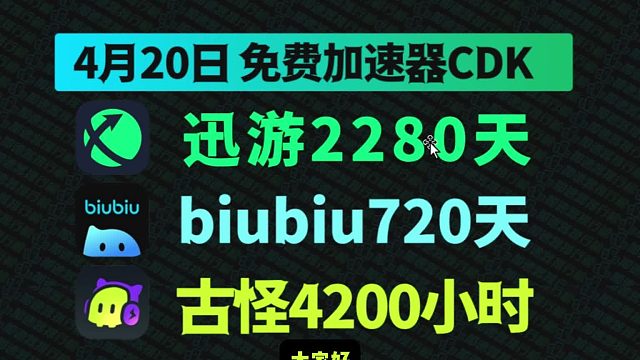4月20日别错过！古怪加速口令CDK限时开领，biubiu/迅游周卡月卡免费赢不停！