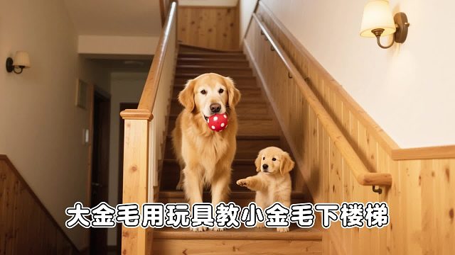 玩具成了“桥梁”，大金毛助力小金毛下楼梯