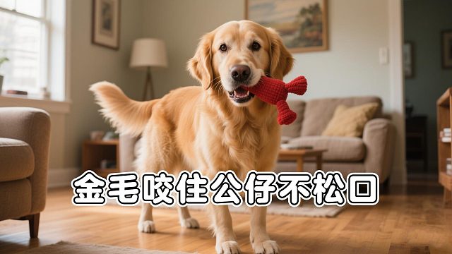 金毛咬住公仔不松口，绝望的主人不停地摇晃