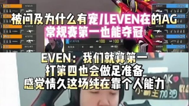 被问及为什么有宠儿EVEN在的AG常规赛第一也能无惧魔咒夺冠 EVEN：我们就算第一打第四也会做准备