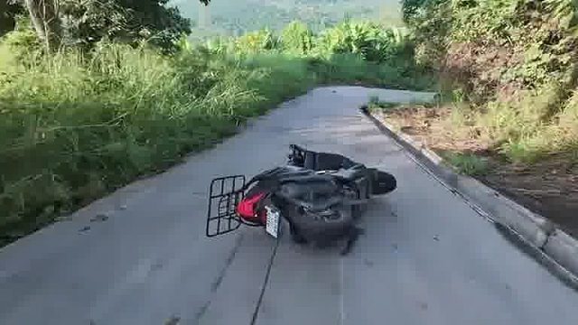 摩托车可以啊，摔倒了还不忘转弯按喇叭，怕下面来车…