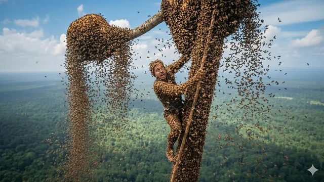 可怕的采蜜过程中，愤怒的丛林蜜蜂发起攻击