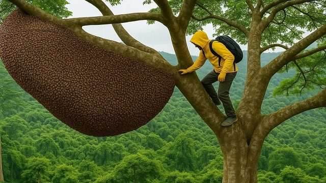 在树高处进行令人心跳加速的采蜜活动