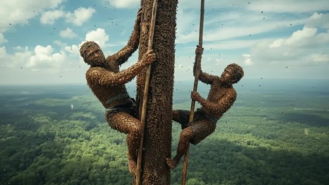 大师级蜂蜜采摘——与野生蜜蜂一起爬上大树