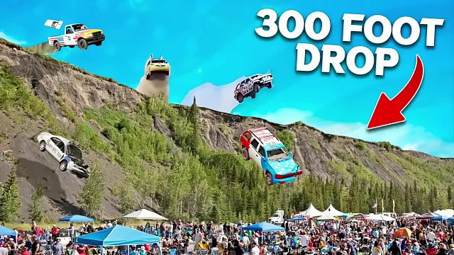 报废汽车跳崖大赛，谁的车在悬崖飞的最远的，就能赢得十万美刀