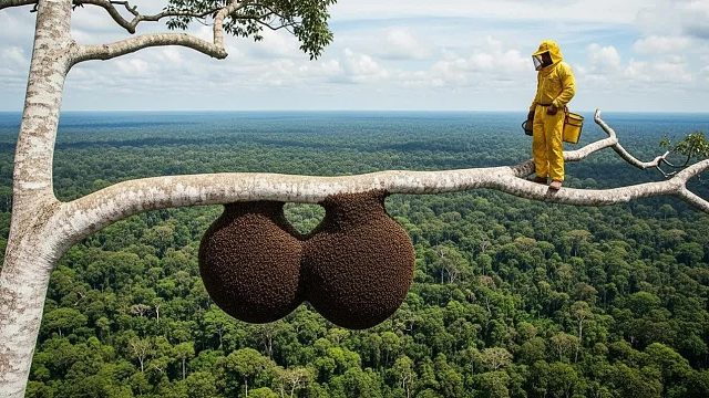 难以置信！危险的爬高树获取野生蜂蜜