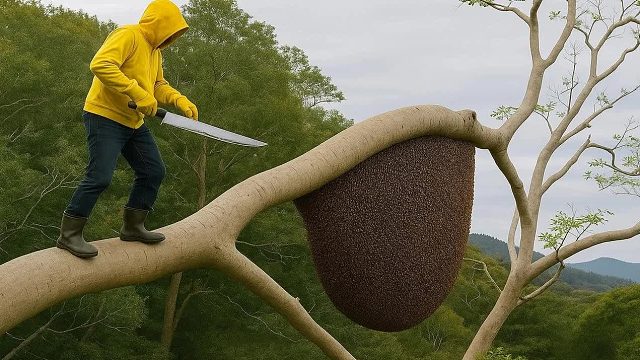 用手工制作的梯子攀爬巨大的丛林树木狩猎野生蜂蜜
